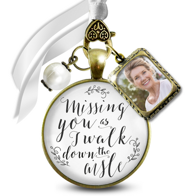 Missing You As I Walk Down The Aisle, Bronze, White Glass, White Bead Memorial Bridal Bouquet Charm