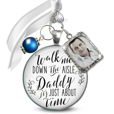 Wedding Bouquet Charm Walk Me Down Aisle Daddy Blue Bead Memorial Jewelry Photo Frame
