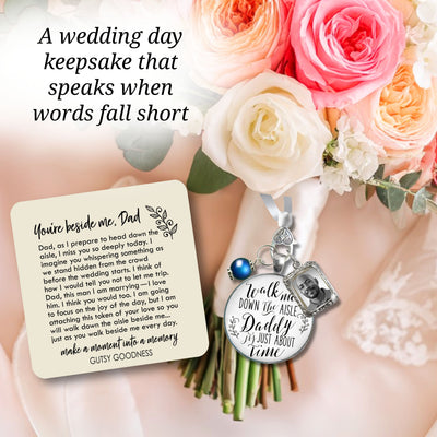 Wedding Bouquet Charm Walk Me Down Aisle Daddy Blue Bead Memorial Jewelry Photo Frame