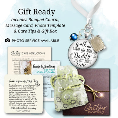 Wedding Bouquet Charm Walk Me Down Aisle Daddy Blue Bead Memorial Jewelry Photo Frame