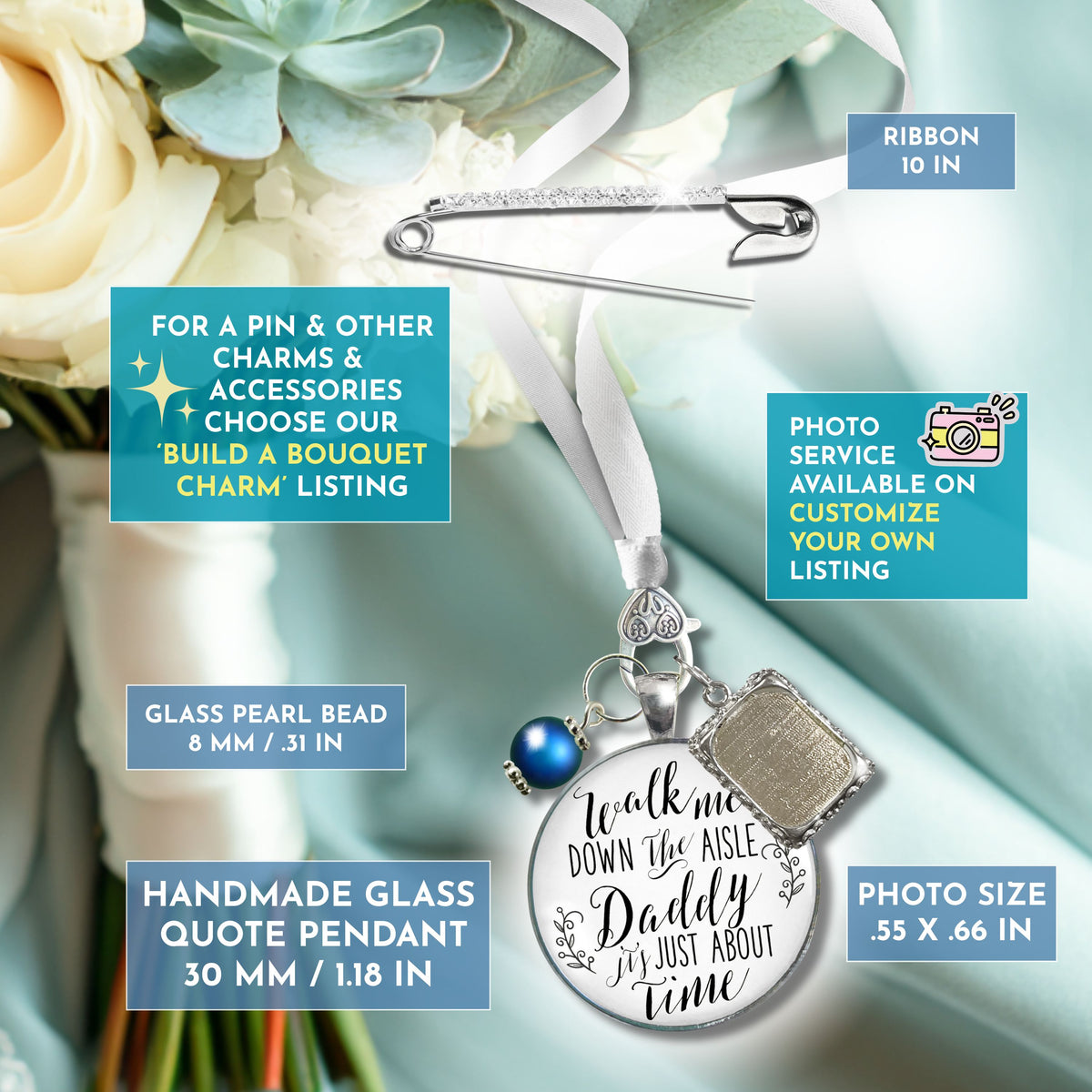 Wedding Bouquet Charm Walk Me Down Aisle Daddy Blue Bead Memorial Jewelry Photo Frame