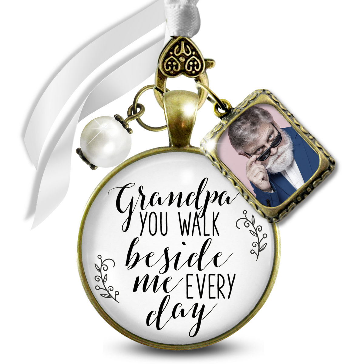 Grandfather Wedding Bouquet Charm Grandpa Beside Me Memorial White Bronze Jewel Frame