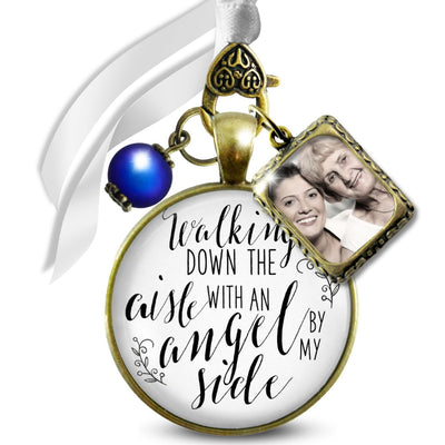 Walking Down The Aisle With An Angel Memorial Bouquet Charm Bronze White Glass Blue Pearl 1 Frame