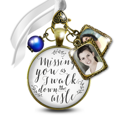 Missing You As I Walk Down the Aisle Memorial Bouquet Charm, Bronze, White, Blue Pearl - 2 Frames