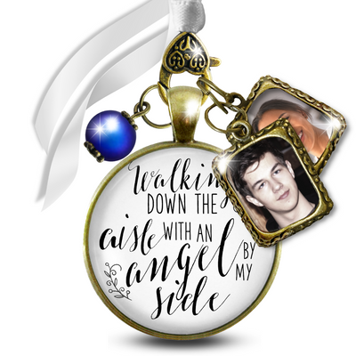 Walking Down The Aisle With An Angel Memorial Bouquet Charm Bronze White Glass Blue Pearl 2 Frames