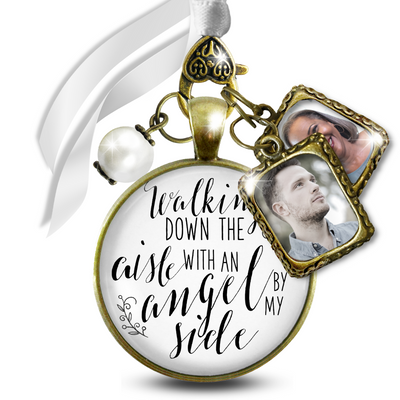 Walking Down The Aisle With An Angel Memorial Bouquet Charm Bronze White Glass White Pearl 2 Frames
