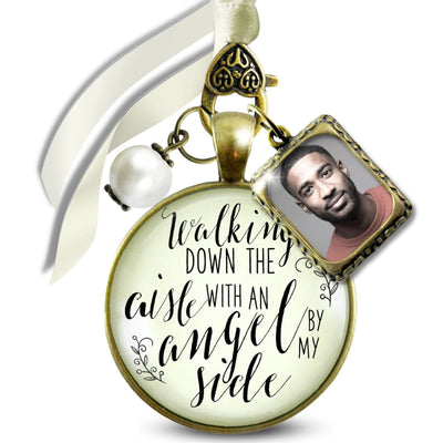 Walking Down The Aisle With An Angel Memorial Bouquet Charm Bronze Cream Glass White Pearl 2 Frames