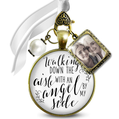 Walking Down The Aisle With An Angel Memorial Bouquet Charm Bronze White Glass White Pearl 1 Frame