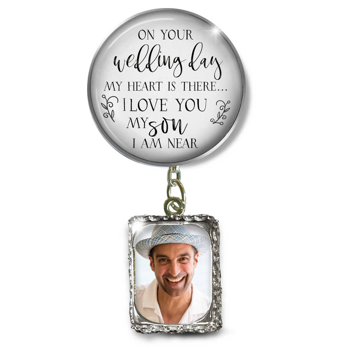 Groom's Boutonniere Pin Wedding Parents Memorial for Son Silver Photo Picture Frame Charm