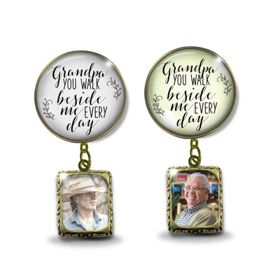 Groom's Boutonniere Pin Wedding Memorial Grandpa You Walk Bronze White Photo Picture Frame Charm
