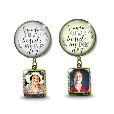 Groom's Boutonniere Pin Wedding Memorial Grandma You Walk Bronze White Photo Picture Frame Charm