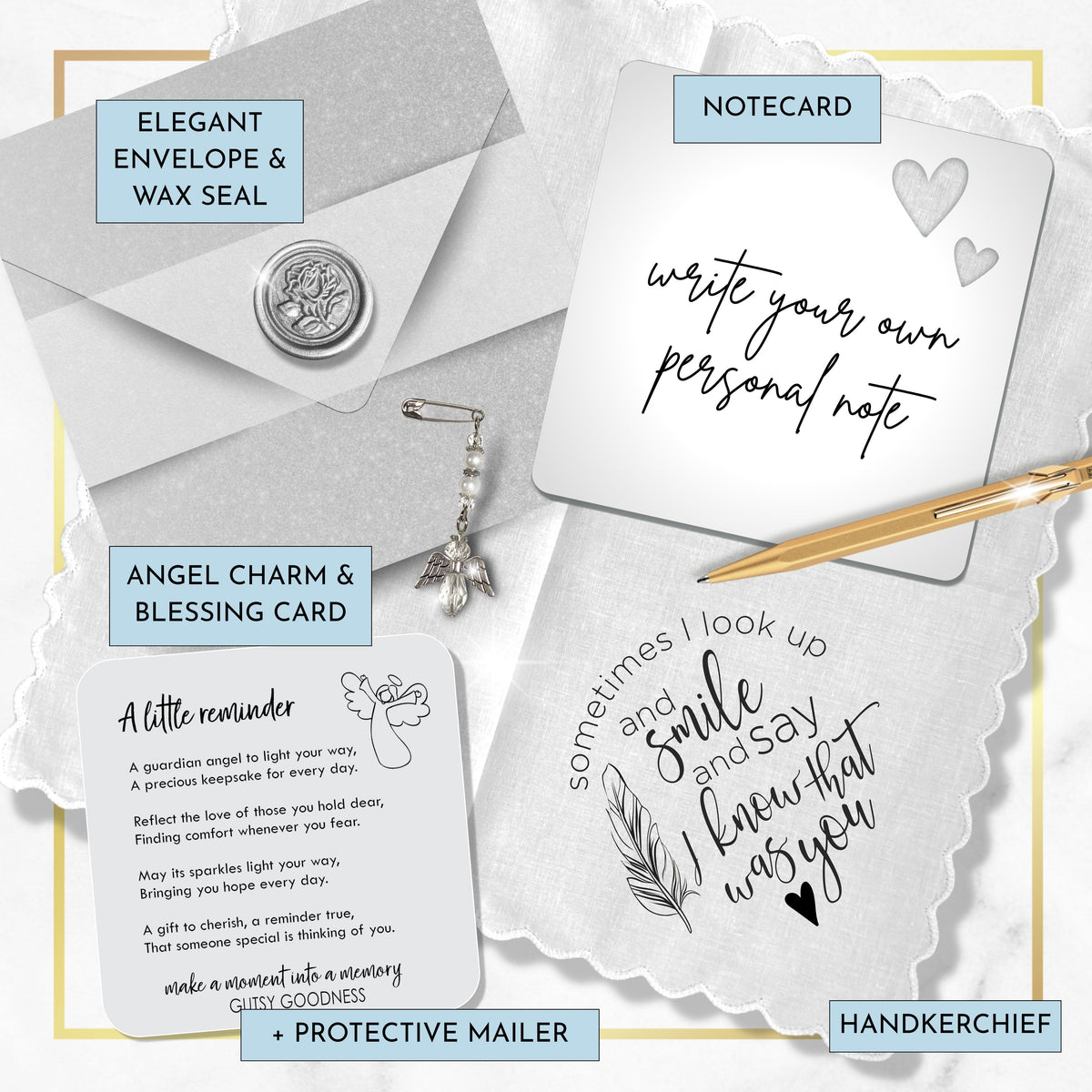 Sympathy Gift Handkerchief Grieving Loss |  I Look Up, Smile, Know it's You Hanky | Religious Keepsake, Angel Charm Card, Elegant Envelope