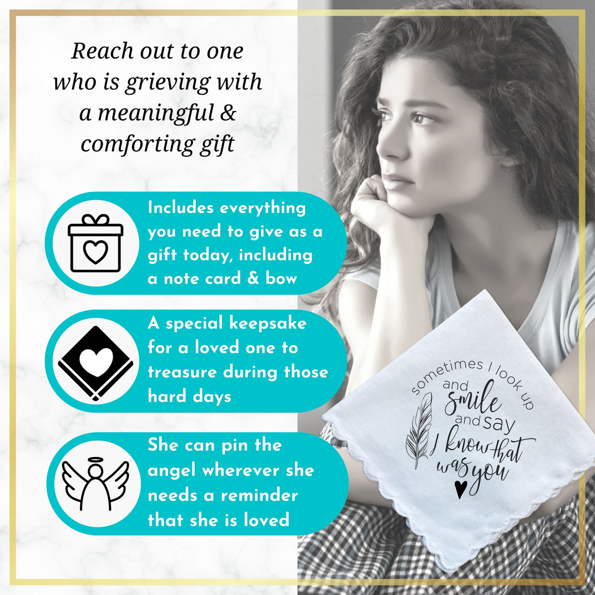 Sympathy Gift Handkerchief Grieving Loss |  I Look Up, Smile, Know it's You Hanky | Religious Keepsake, Angel Charm Card, Elegant Envelope