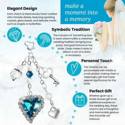 Something Blue Aquamarine Heart Wedding Bouquet Charm for Bride | Key to My Heart