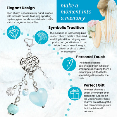 Something Blue Ice Blue Heart Wedding Bouquet Charm for Bride, Bridal Shower Gift