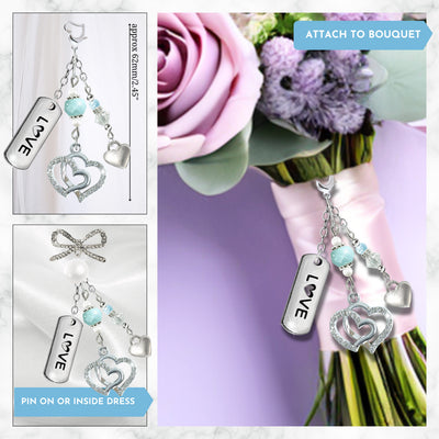 Something Blue Double Heart Wedding Bouquet Charm for Bride | Ice Blue Rhinestone