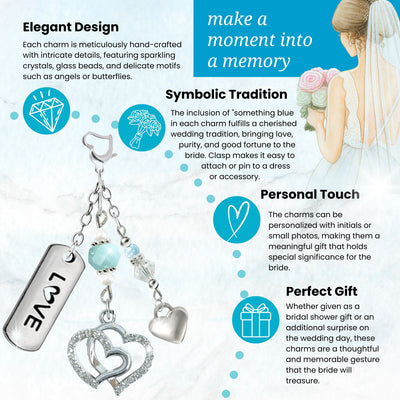 Something Blue Double Heart Wedding Bouquet Charm for Bride | Ice Blue Rhinestone