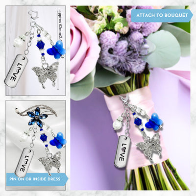 Something Blue Cobalt Blue Butterfly Wedding Bouquet Charm for Bride, Bridal Shower Gift