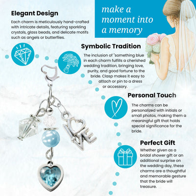 Something Blue Ice Blue Heart Wedding Bouquet Charm for Bride | Cubic Zirconia
