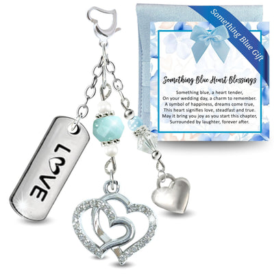 Something Blue Double Heart Wedding Bouquet Charm for Bride | Ice Blue Rhinestone