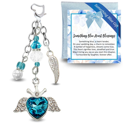 Something Blue Angel Wings Heart Wedding Bouquet Charm for Bride | Teal Rhinestone