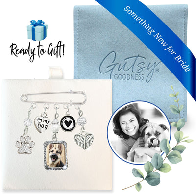 Something Blue Dog Memory Wedding Pin for Bride | Paw Print, Angel Wings & Photo Frame