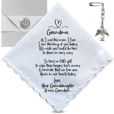 Grandmother of Bride Gift | Scalloped Wedding Handkerchief from Granddaughter + Keepsake Card | For Grandma Not Attending Ceremony