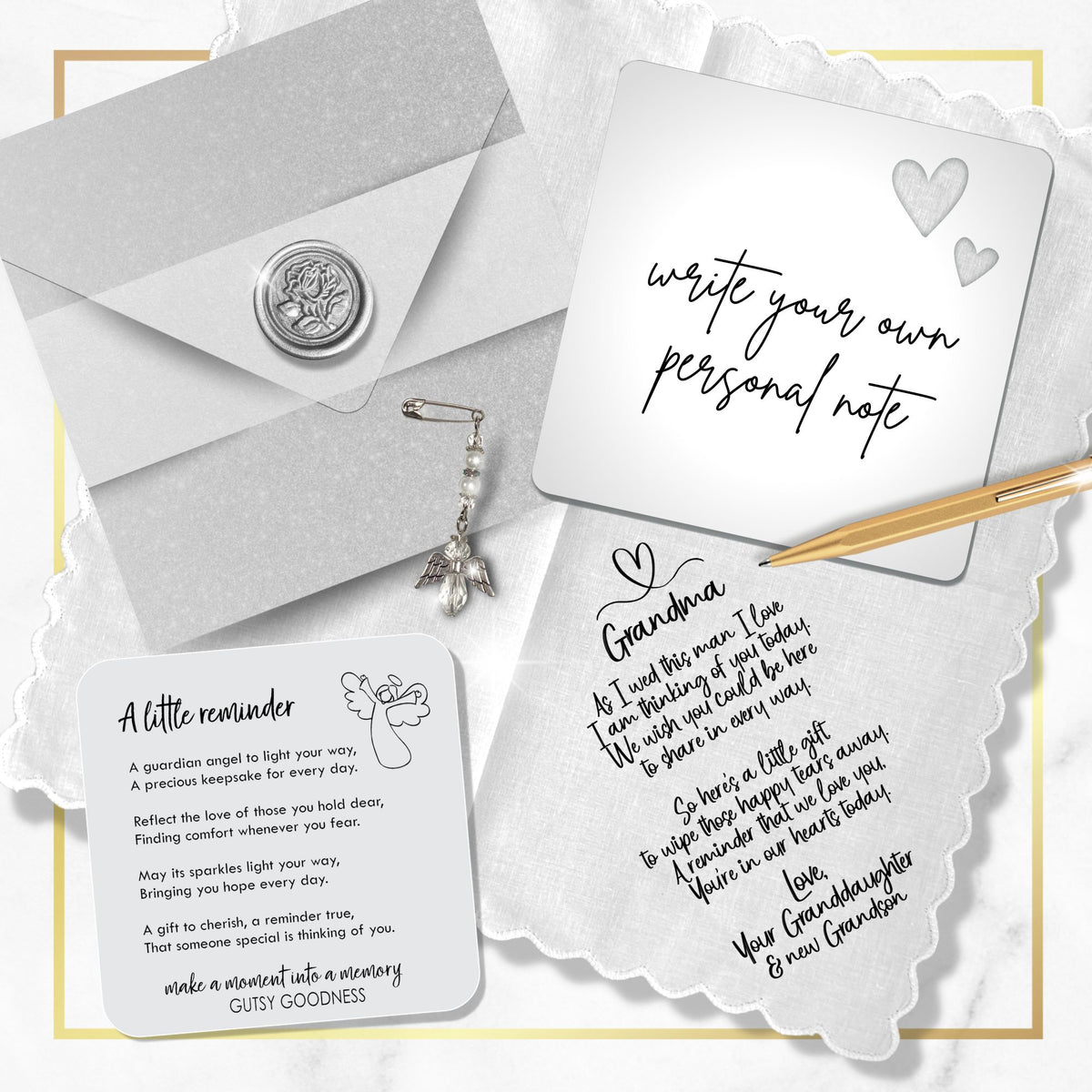 Grandmother of Bride Gift | Scalloped Wedding Handkerchief from Granddaughter + Keepsake Card | For Grandma Not Attending Ceremony