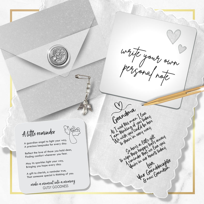 Grandmother of Bride Gift | Scalloped Wedding Handkerchief from Granddaughter + Keepsake Card | For Grandma Not Attending Ceremony