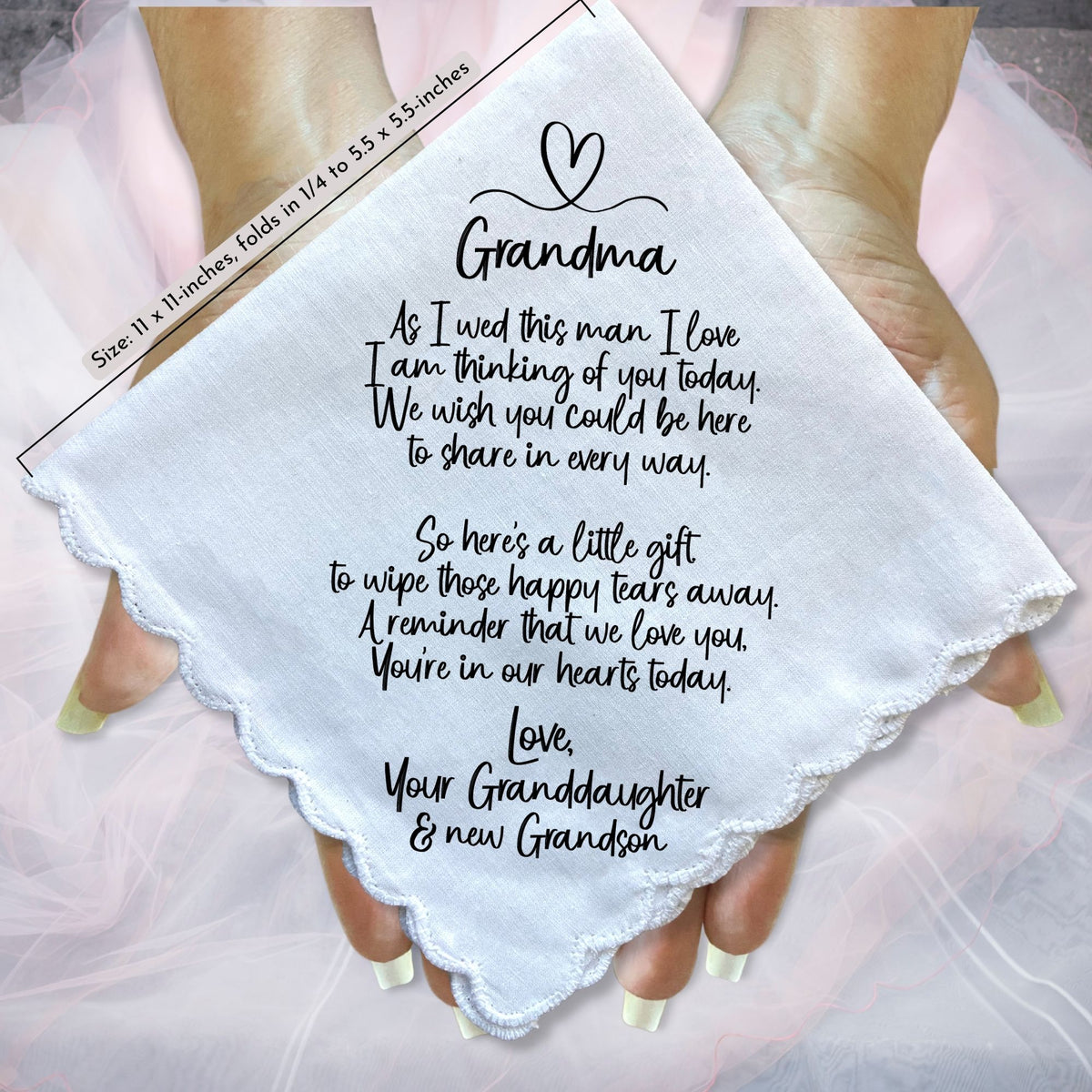 Grandmother of Bride Gift | Scalloped Wedding Handkerchief from Granddaughter + Keepsake Card | For Grandma Not Attending Ceremony