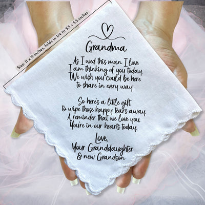 Grandmother of Bride Gift | Scalloped Wedding Handkerchief from Granddaughter + Keepsake Card | For Grandma Not Attending Ceremony