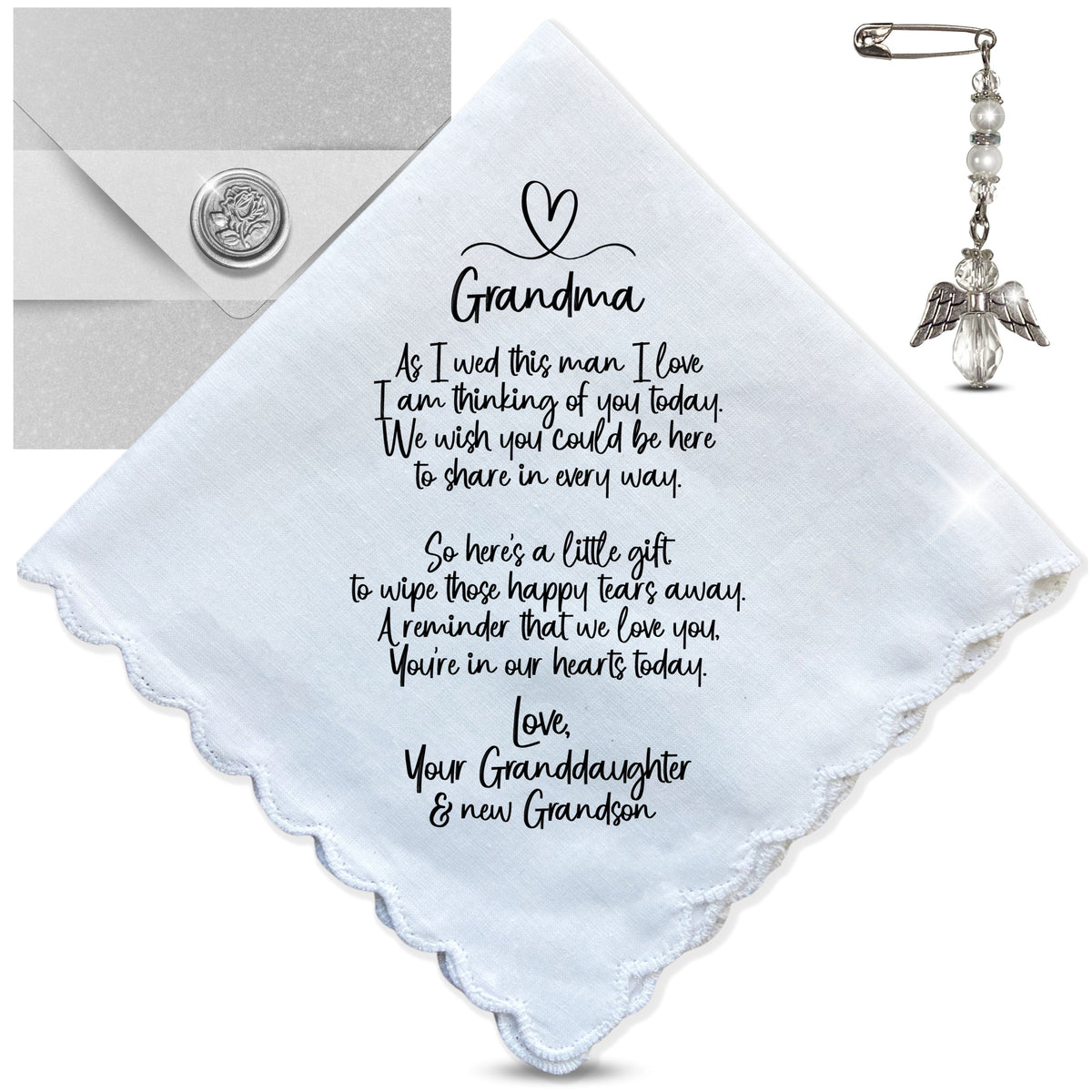 Grandmother of Bride Handkerchief Gift | Wedding Day Poem from Granddaughter | Grandma Can't Attend Ceremony | Keepsake Hanky You're With Us
