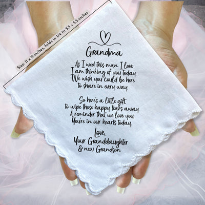 Grandmother of Bride Handkerchief Gift | Wedding Day Poem from Granddaughter | Grandma Can't Attend Ceremony | Keepsake Hanky You're With Us
