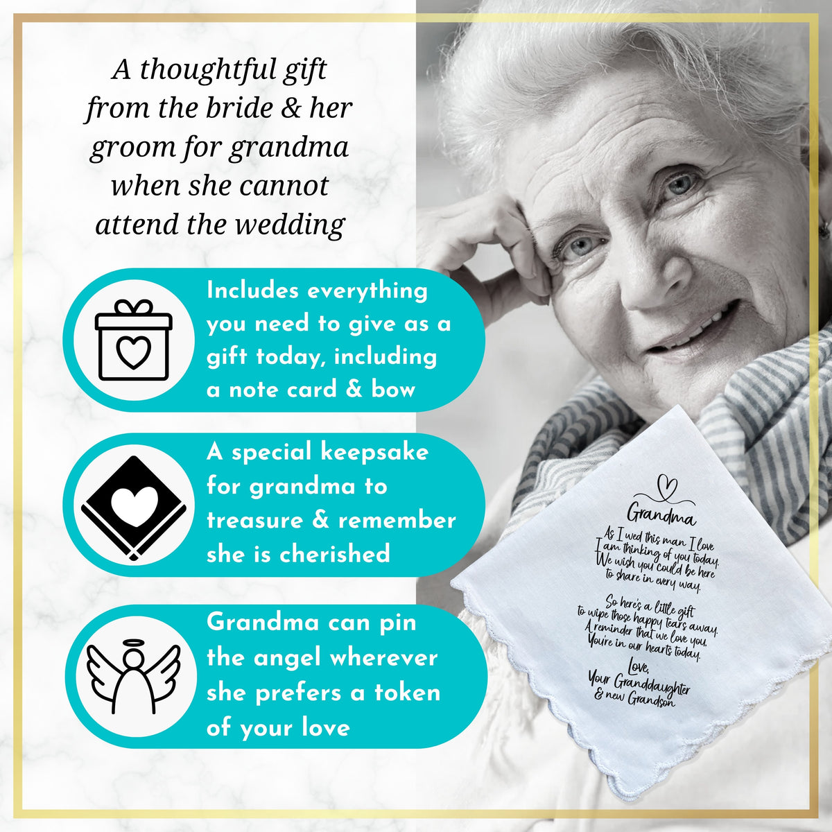 Grandmother of Bride Handkerchief Gift | Wedding Day Poem from Granddaughter | Grandma Can't Attend Ceremony | Keepsake Hanky You're With Us