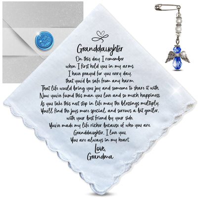 Wedding Gift for Granddaughter from Grandma Handkerchief Poem | Scallop Hankie + Something Blue Angel for Bride |  Keepsake Card & Envelope