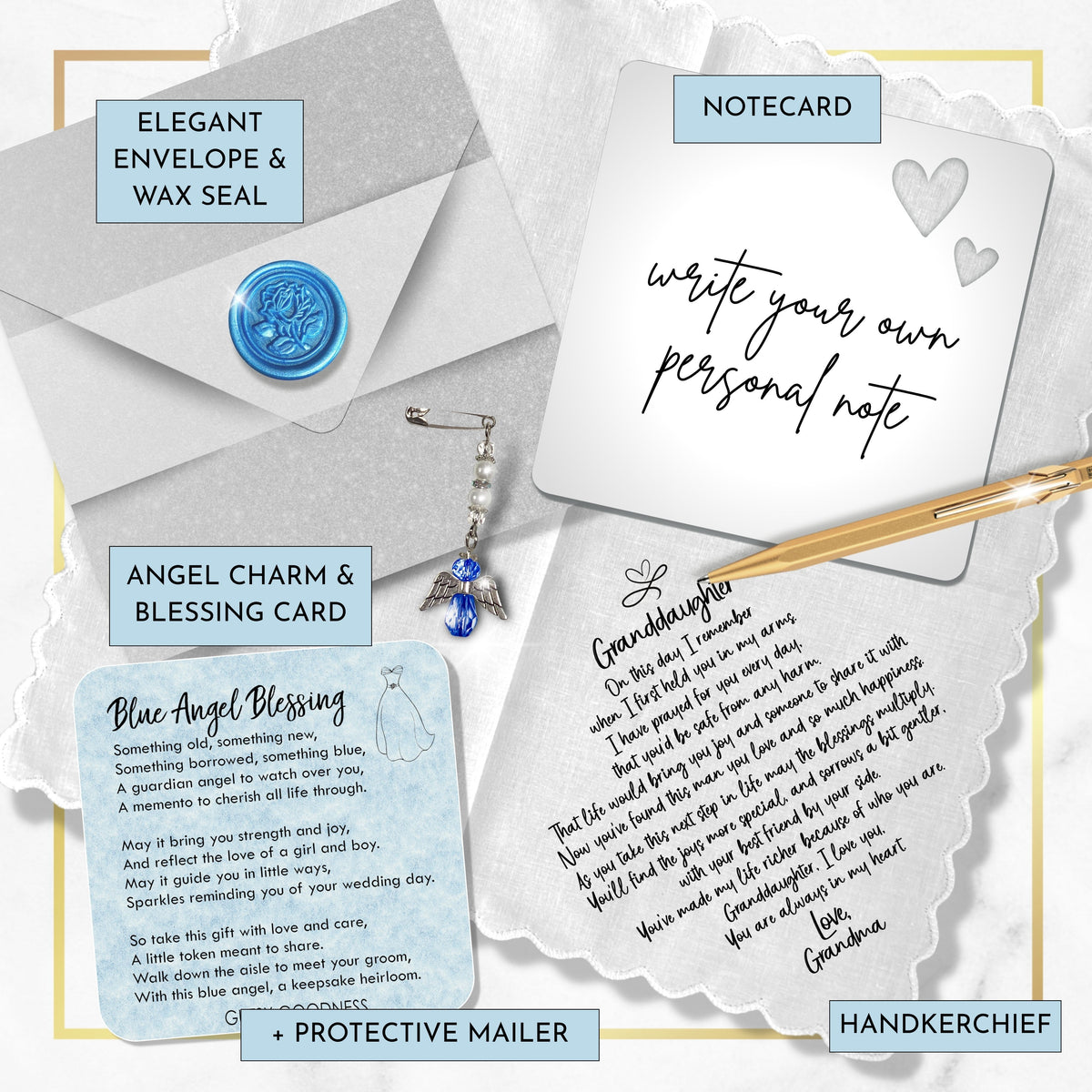 Wedding Gift for Granddaughter from Grandma Handkerchief Poem | Scallop Hankie + Something Blue Angel for Bride |  Keepsake Card & Envelope