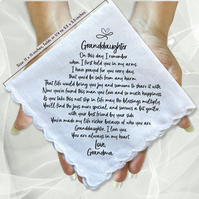 Wedding Gift for Granddaughter from Grandma Handkerchief Poem | Scallop Hankie + Something Blue Angel for Bride |  Keepsake Card & Envelope