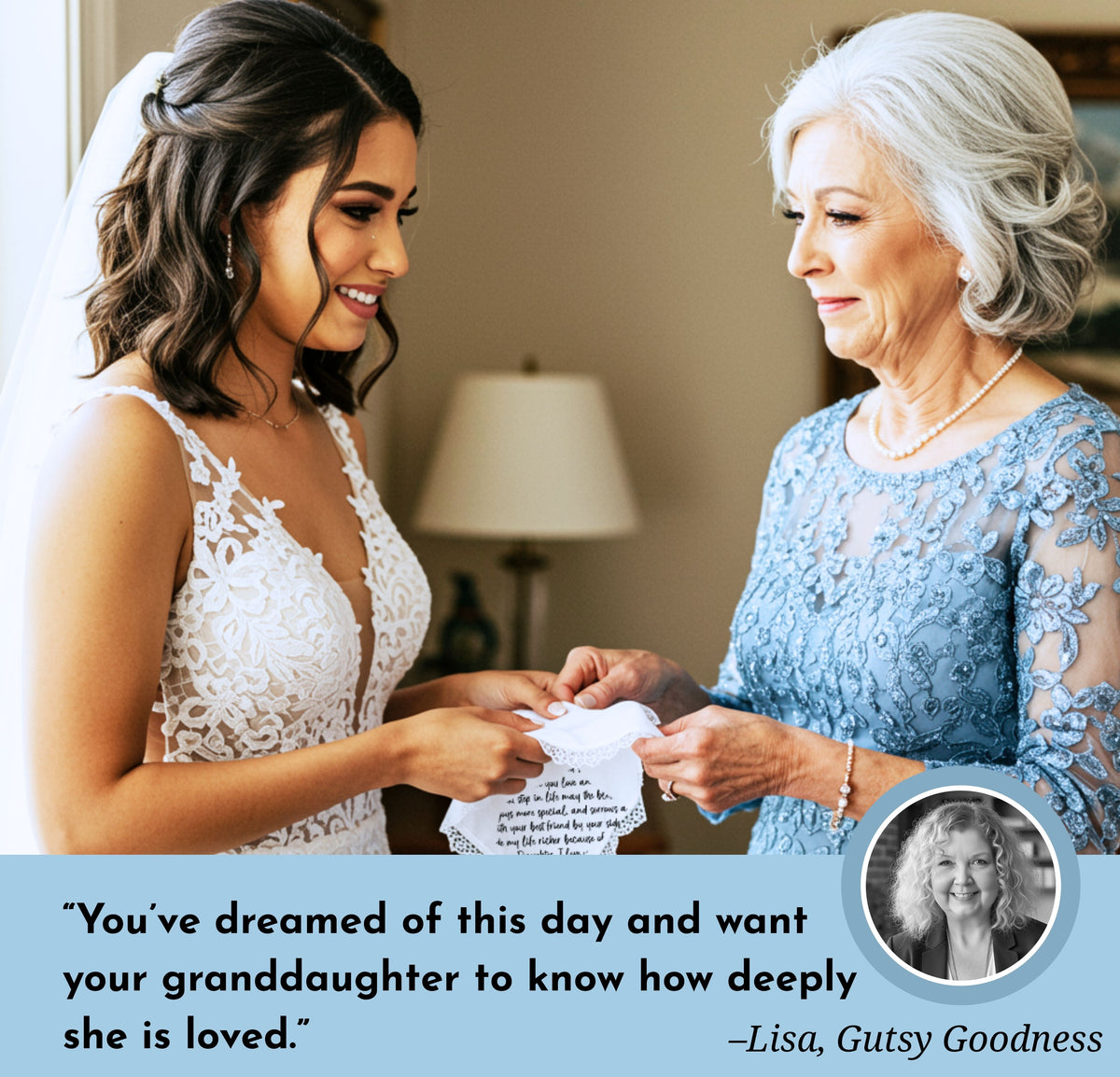 Wedding Gift for Granddaughter from Grandma Handkerchief Poem | Scallop Hankie + Something Blue Angel for Bride |  Keepsake Card & Envelope