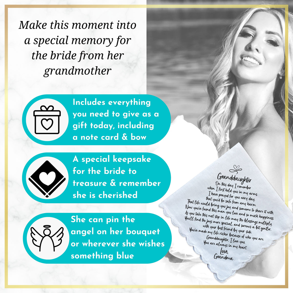 Wedding Gift for Granddaughter from Grandma Handkerchief Poem | Scallop Hankie + Something Blue Angel for Bride |  Keepsake Card & Envelope