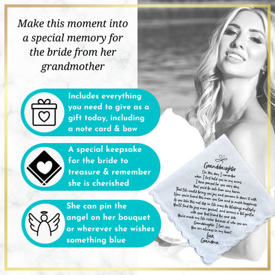 Wedding Gift for Granddaughter from Grandma Handkerchief Poem | Scallop Hankie + Something Blue Angel for Bride |  Keepsake Card & Envelope