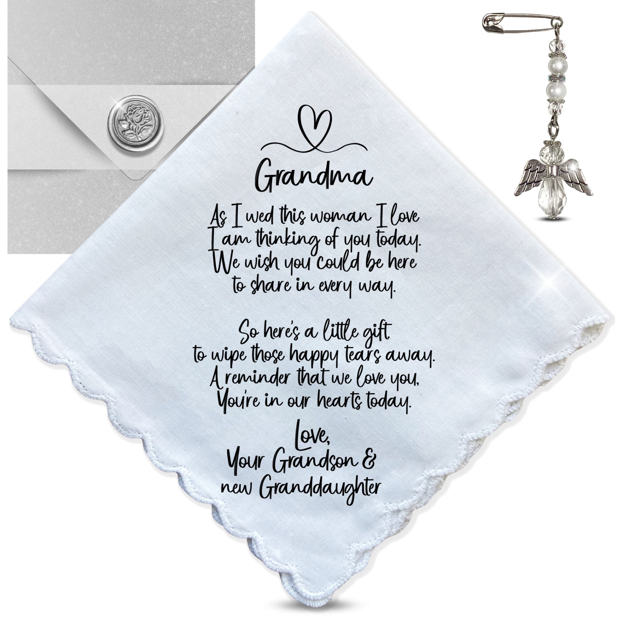 Grandmother of Groom Gift | Scalloped Wedding Handkerchief from Grandson + Keepsake Card | For Grandma Not Attending Ceremony