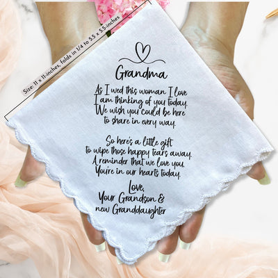Grandmother of Groom Gift | Scalloped Wedding Handkerchief from Grandson + Keepsake Card | For Grandma Not Attending Ceremony