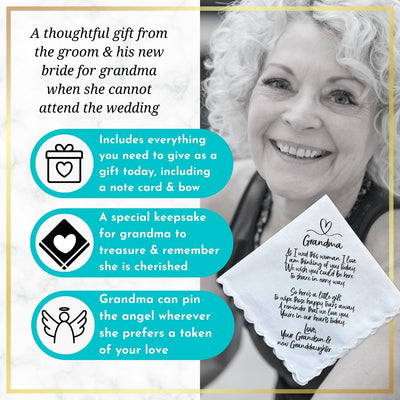 Grandmother of Groom Gift | Scalloped Wedding Handkerchief from Grandson + Keepsake Card | For Grandma Not Attending Ceremony