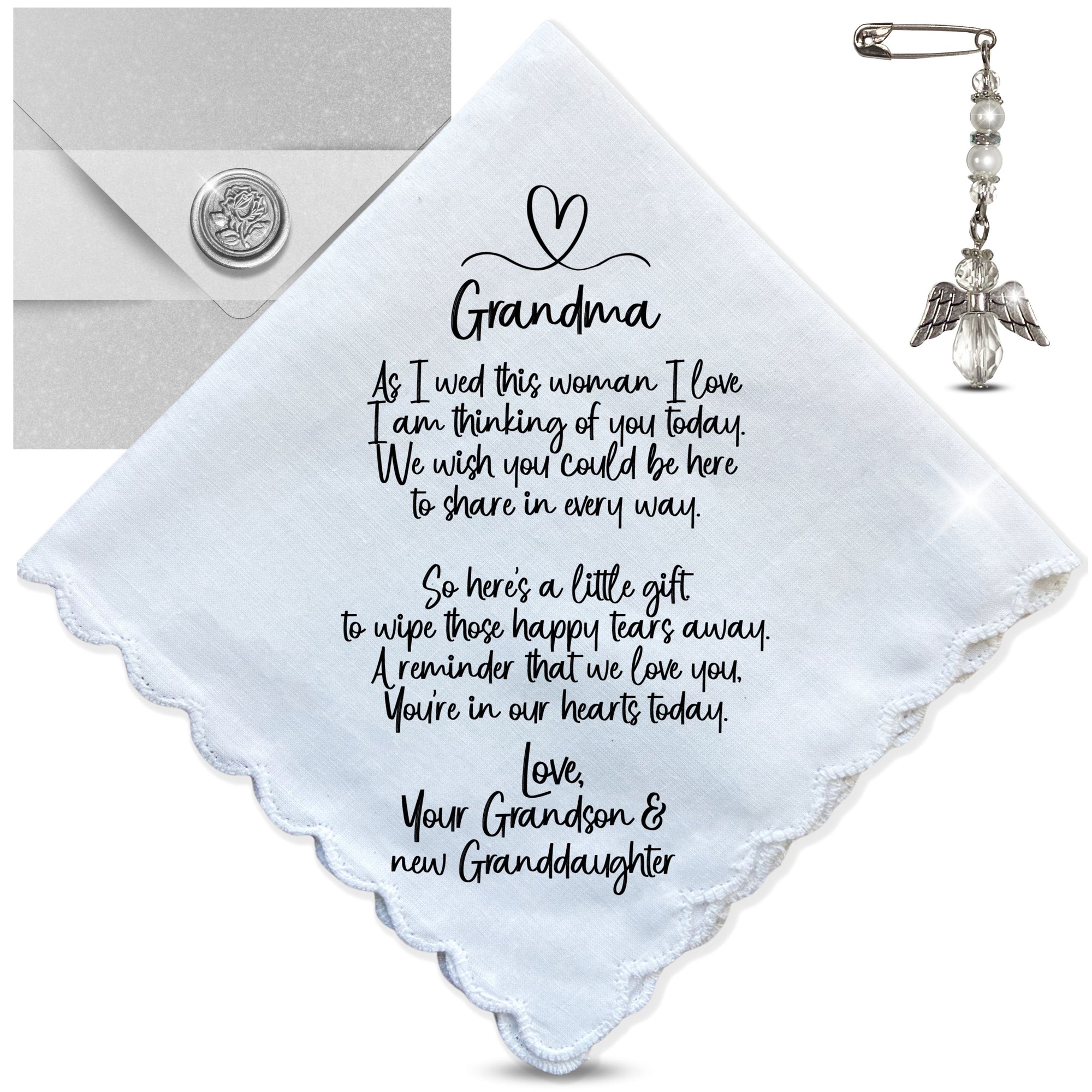 Grandmother of Groom Handkerchief Gift | Wedding Day Poem from Grandson | Grandma Not Attending Ceremony | Keepsake Hanky You're With Us
