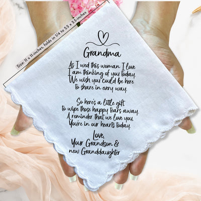 Grandmother of Groom Handkerchief Gift | Wedding Day Poem from Grandson | Grandma Not Attending Ceremony | Keepsake Hanky You're With Us