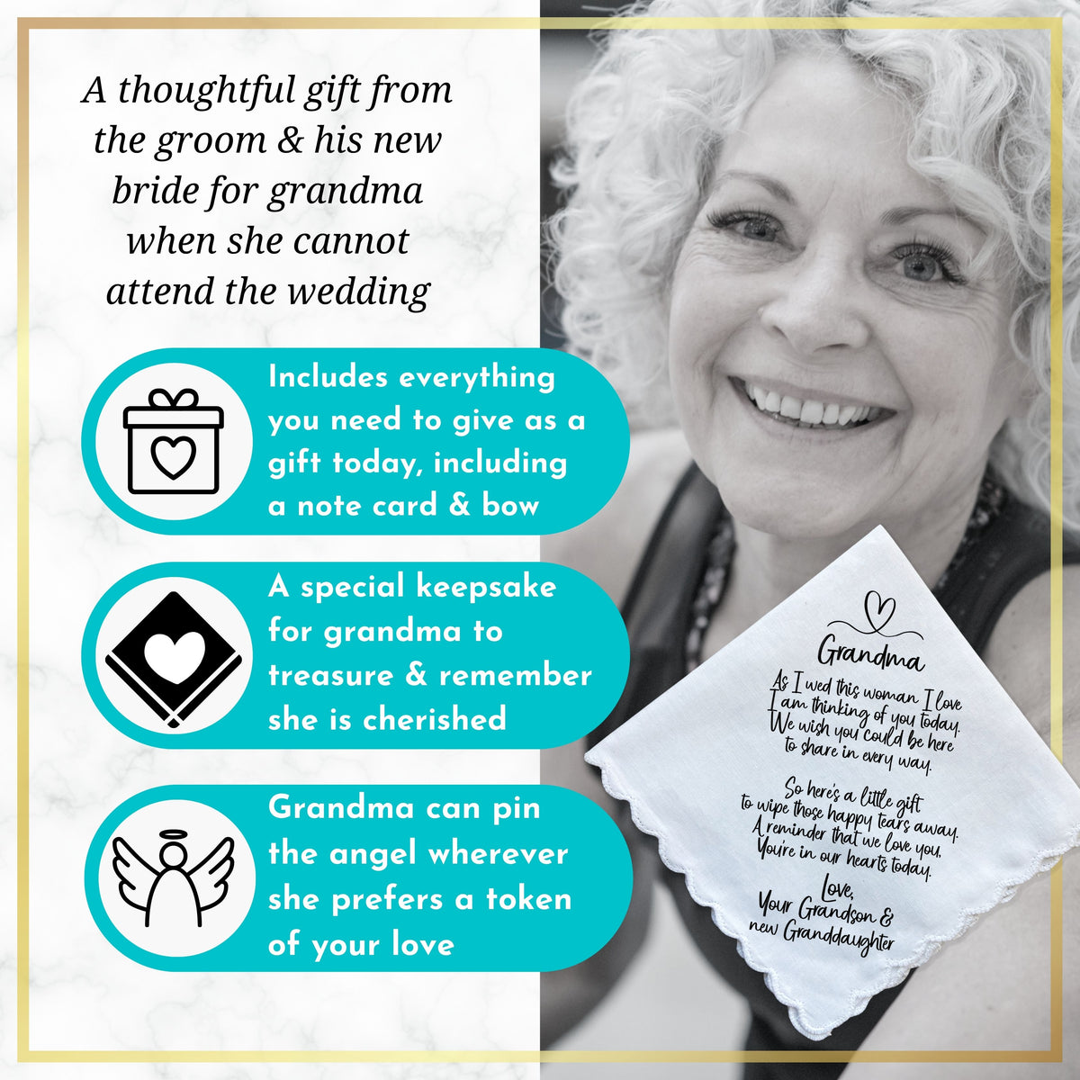 Grandmother of Groom Handkerchief Gift | Wedding Day Poem from Grandson | Grandma Not Attending Ceremony | Keepsake Hanky You're With Us