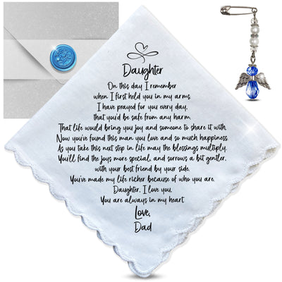 Wedding Handkerchief for Bride Gift for Daughter from Dad | Custom Poem on Scallop Hankie + Something Blue Angel | Keepsake Card & Envelope