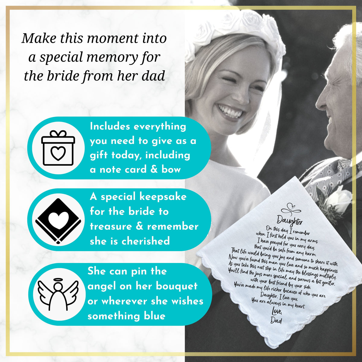 Wedding Handkerchief for Bride Gift for Daughter from Dad | Custom Poem on Scallop Hankie + Something Blue Angel | Keepsake Card & Envelope