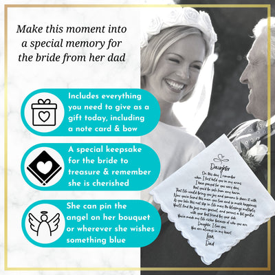 Wedding Handkerchief for Bride Gift for Daughter from Dad | Custom Poem on Scallop Hankie + Something Blue Angel | Keepsake Card & Envelope