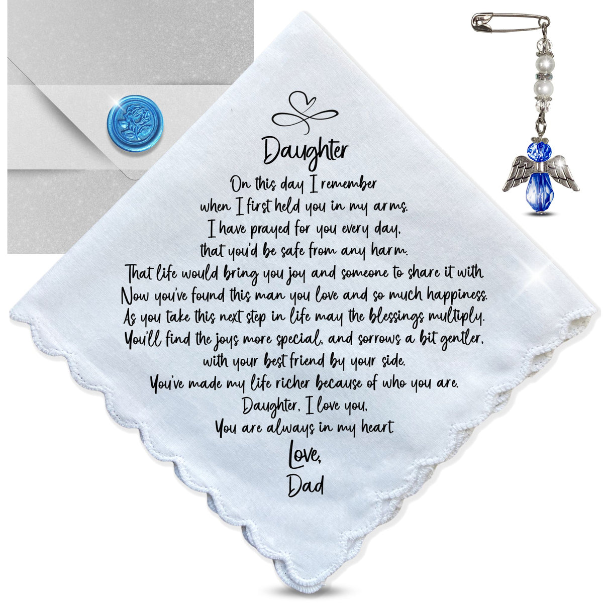 Wedding Gift Handkerchief for Daughter from Dad | Scalloped Poem Hanky + Something Blue Angel | Keepsake Card & Envelope for Bride from Father